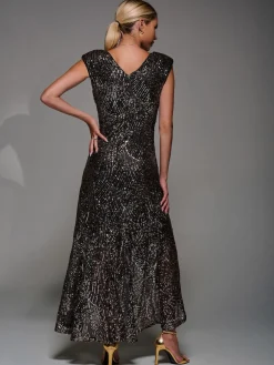 Jolie Moi Black Ground Sequin Asymmetric Ruffle Hem Maxi Dress Sale