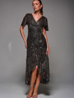 Jolie Moi Black Ground Sequin Angel Sleeve Ruffle Hem Maxi Dress