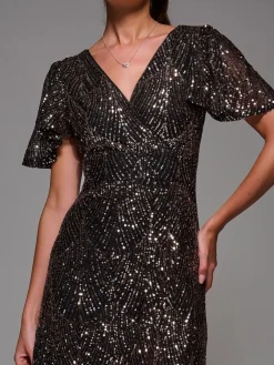 Jolie Moi Black Ground Sequin Angel Sleeve Ruffle Hem Maxi Dress