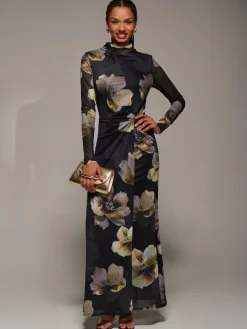 Jolie Moi High Neck Long Sleeve Mesh Maxi Dress Black New