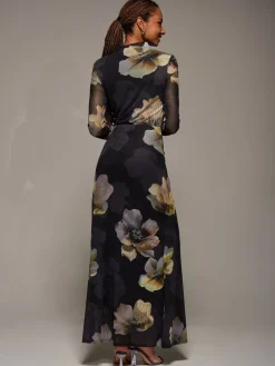 Jolie Moi High Neck Long Sleeve Mesh Maxi Dress Black New