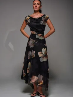 Jolie Moi Mesh Asymmetrical Draped Maxi Dress Black Hot