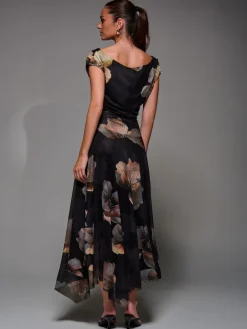 Jolie Moi Mesh Asymmetrical Draped Maxi Dress Black Hot