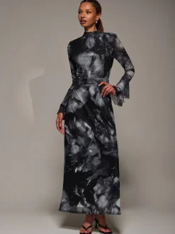 Jolie Moi Ruffle Long Sleeve Mesh Maxi Dress Black Hot