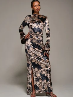 Jolie Moi Black Ruffle Sleeve Asymmetric Neck Velvet Maxi Dress