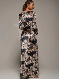 Jolie Moi Black Ruffle Sleeve Asymmetric Neck Velvet Maxi Dress