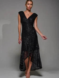 Jolie Moi Black Sequin Asymmetric Ruffle Hem Maxi Dress Clearance