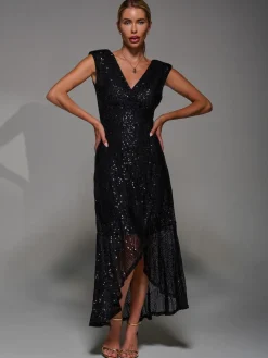 Jolie Moi Black Sequin Asymmetric Ruffle Hem Maxi Dress Clearance