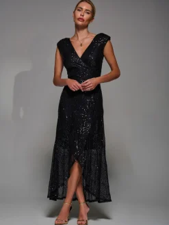 Jolie Moi Black Sequin Asymmetric Ruffle Hem Maxi Dress Clearance