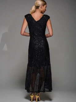 Jolie Moi Black Sequin Asymmetric Ruffle Hem Maxi Dress Clearance