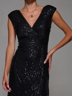 Jolie Moi Black Sequin Asymmetric Ruffle Hem Maxi Dress Clearance