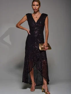 Jolie Moi Black/Red Sequin Asymmetric Ruffle Hem Maxi Dress