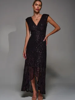 Jolie Moi Black/Red Sequin Asymmetric Ruffle Hem Maxi Dress