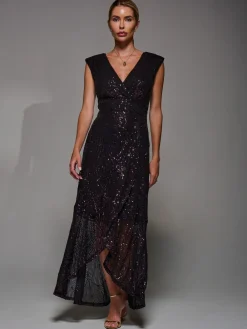 Jolie Moi Black/Red Sequin Asymmetric Ruffle Hem Maxi Dress