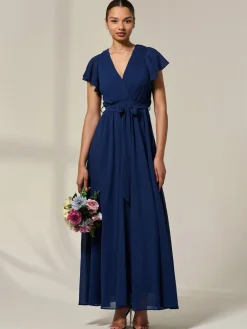 Jolie Moi Chiffon Flutter Sleeve Maxi Dress Blue