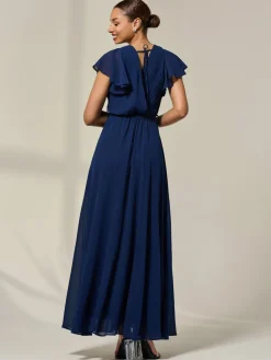 Jolie Moi Chiffon Flutter Sleeve Maxi Dress Blue