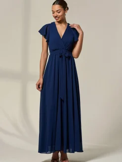 Jolie Moi Chiffon Flutter Sleeve Maxi Dress Blue