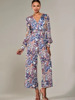 Jolie Moi Blue Jersey Wrap Front Long Sleeve Jumpsuit Online