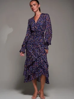 Jolie Moi Long Sleeve Frill Detail Mesh Maxi Dress Blue Discount