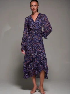 Jolie Moi Long Sleeve Frill Detail Mesh Maxi Dress Blue Discount