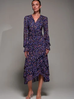 Jolie Moi Long Sleeve Frill Detail Mesh Maxi Dress Blue Discount