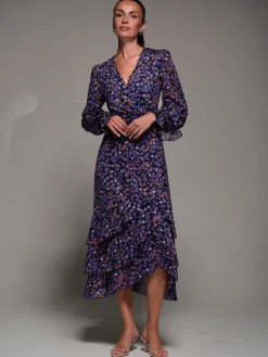 Jolie Moi Long Sleeve Frill Detail Mesh Maxi Dress Blue Discount