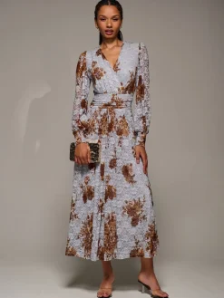 Jolie Moi Long Sleeve Printed Lace Midaxi Dress Blue Outlet