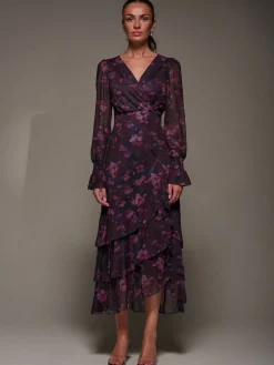 Jolie Moi Blue Long Sleeve Ruffle Hem Mesh Maxi Dress Clearance