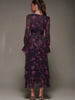 Jolie Moi Blue Long Sleeve Ruffle Hem Mesh Maxi Dress Clearance