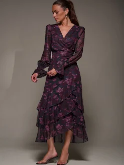 Jolie Moi Blue Long Sleeve Ruffle Hem Mesh Maxi Dress Clearance