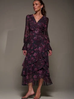 Jolie Moi Blue Long Sleeve Ruffle Hem Mesh Maxi Dress Clearance