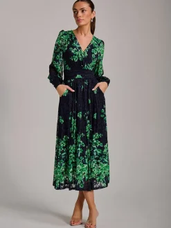 Jolie Moi Blue Long Sleeve Print Lace Maxi Dress Clearance