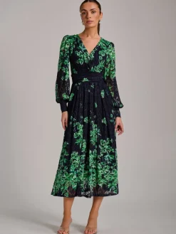 Jolie Moi Blue Long Sleeve Print Lace Maxi Dress Clearance