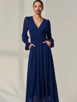 Jolie Moi Blue Long Sleeve Mesh Maxi Dress Sale
