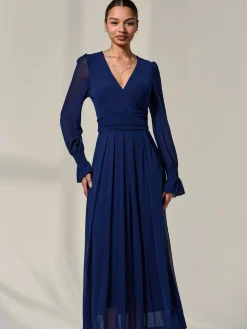 Jolie Moi Blue Long Sleeve Mesh Maxi Dress Sale