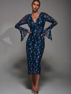 Jolie Moi Long Sleeve Mesh Bodycon Dress Blue New