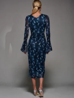 Jolie Moi Long Sleeve Mesh Bodycon Dress Blue New