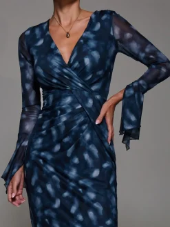 Jolie Moi Long Sleeve Mesh Bodycon Dress Blue New