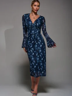 Jolie Moi Long Sleeve Mesh Bodycon Dress Blue New