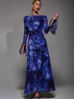 Jolie Moi Long Sleeve Slash Neck Maxi Dress Blue Clearance