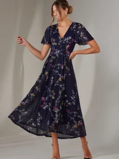 Jolie Moi Mesh Short Sleeve Midaxi Dress Blue Outlet