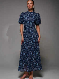 Jolie Moi Puffy Sleeve Printed Mesh Maxi Dress Blue Online