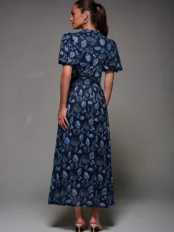 Jolie Moi Puffy Sleeve Printed Mesh Maxi Dress Blue Online