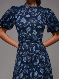 Jolie Moi Puffy Sleeve Printed Mesh Maxi Dress Blue Online