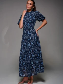 Jolie Moi Puffy Sleeve Printed Mesh Maxi Dress Blue Online