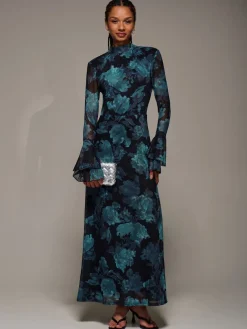 Jolie Moi Ruffle Long Sleeve Mesh Maxi Dress Blue Hot