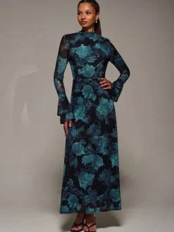 Jolie Moi Ruffle Long Sleeve Mesh Maxi Dress Blue Hot