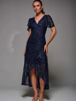 Jolie Moi Blue Sequin Angel Sleeve Ruffle Hem Maxi Dress New