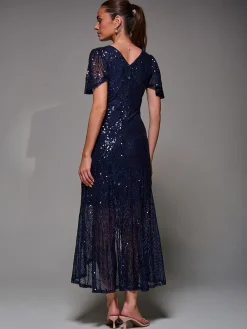 Jolie Moi Blue Sequin Angel Sleeve Ruffle Hem Maxi Dress New