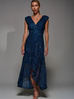 Jolie Moi Blue Sequin Asymmetric Ruffle Hem Maxi Dress